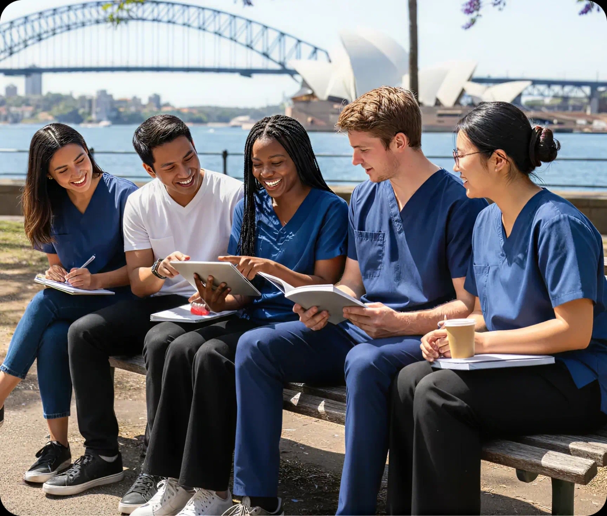 Medical professionals studying together